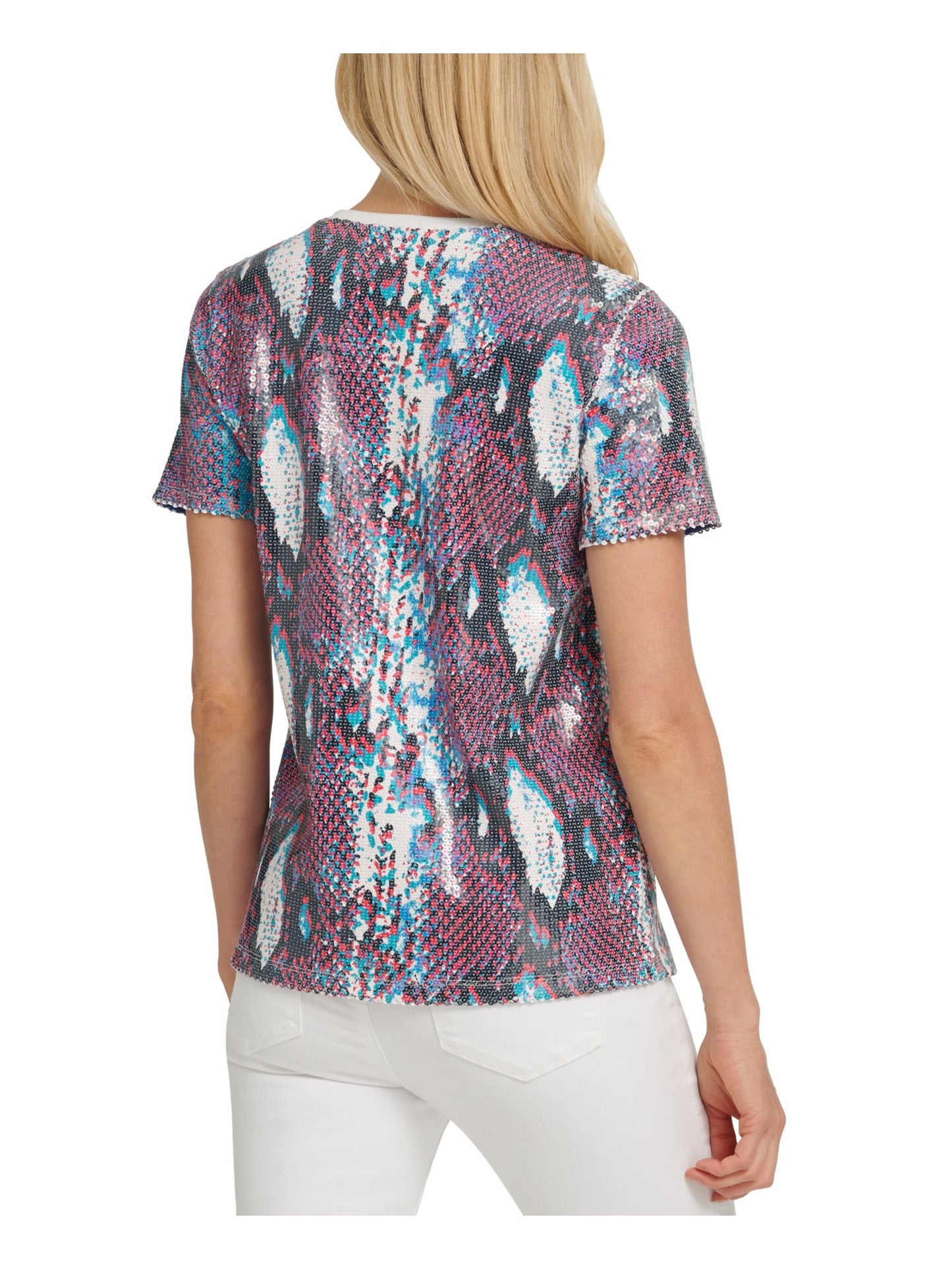 Blusa feminina DKNY com estampa animal e lantejoulas, manga curta, gola redonda, azul, tamanho GG