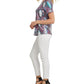 Blusa feminina DKNY com estampa animal e lantejoulas, manga curta, gola redonda, azul, tamanho GG
