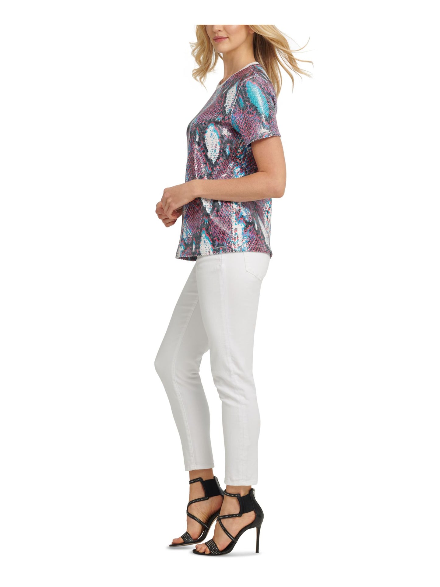 Blusa feminina DKNY com estampa animal e lantejoulas, manga curta, gola redonda, azul, tamanho GG