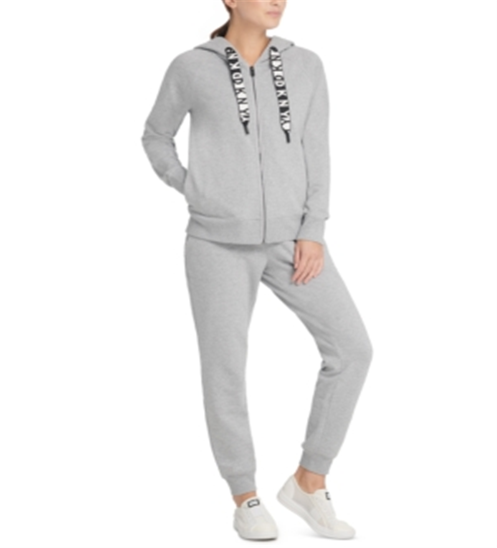 Moletom com capuz feminino DKNY Sport Logo Terry com zíper, prateado, tamanho M