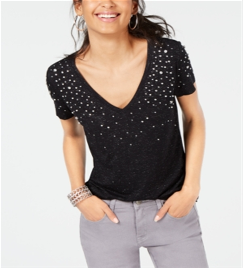 Camiseta feminina com detalhes INC International Concepts, preta, tamanho pequeno