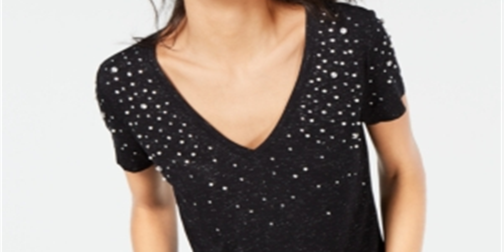 Camiseta feminina com detalhes INC International Concepts, preta, tamanho pequeno