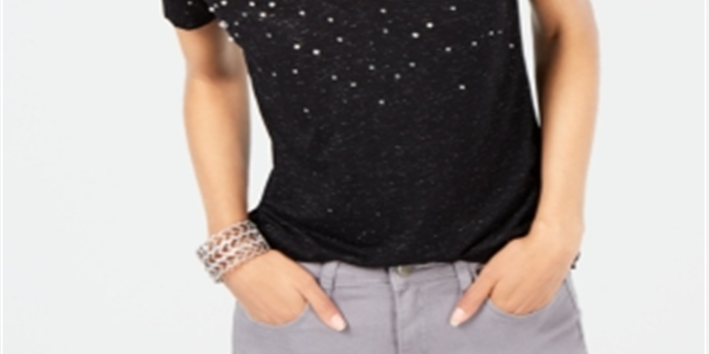 Camiseta feminina com detalhes INC International Concepts, preta, tamanho pequeno