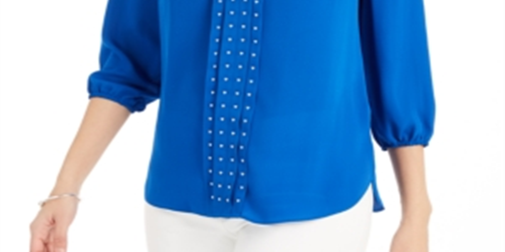 Blusa plissada com tachas lisas JM Collection para mulheres, azul, tamanho médio