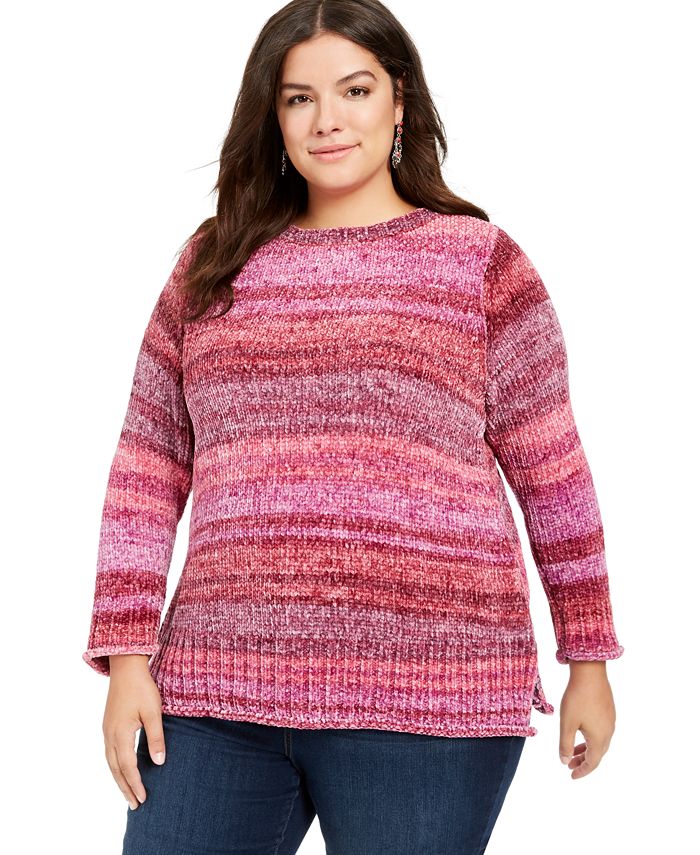Blusa feminina estampada de manga comprida e gola redonda, azul, tamanho 1X