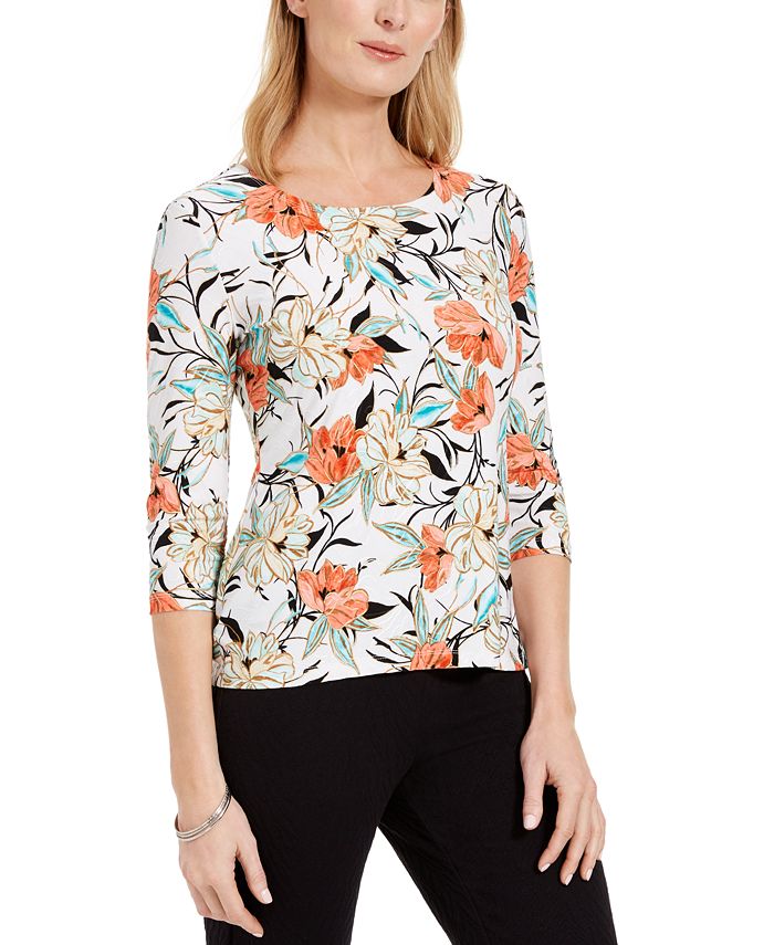 Blusa feminina com estampa floral JM Collection, branca, tamanho pequeno M