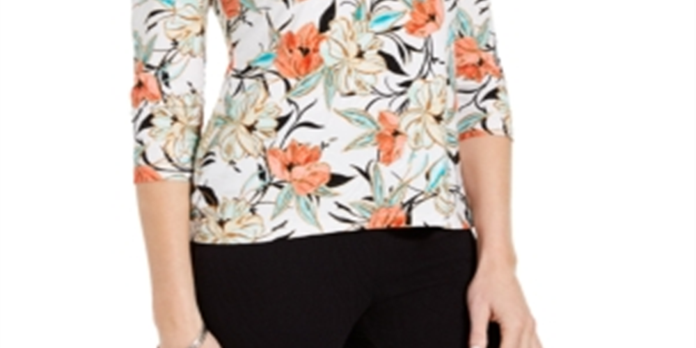 Blusa feminina com estampa floral JM Collection, branca, tamanho pequeno M