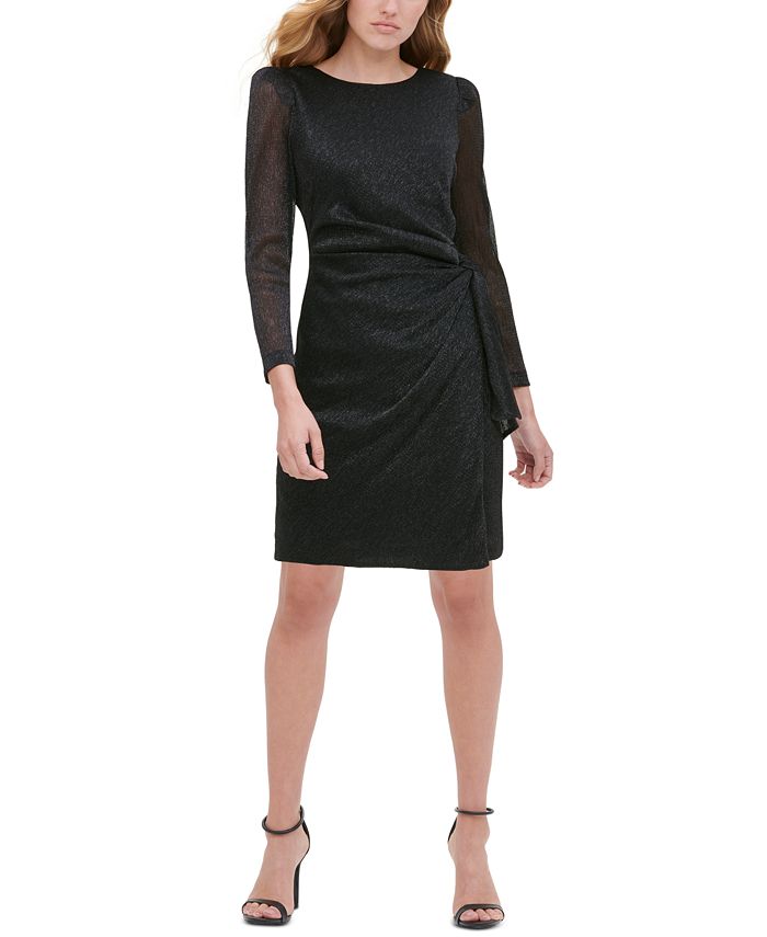 Vestido de coquetel Tommy Hilfiger feminino com cinto mesclado, manga comprida, gola joia, cinza, tamanho 4