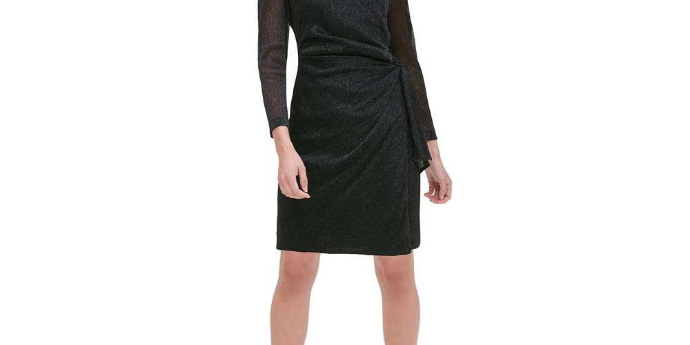 Vestido de coquetel Tommy Hilfiger feminino com cinto mesclado, manga comprida, gola joia, cinza, tamanho 4