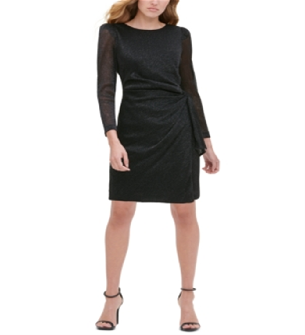 Vestido de coquetel Tommy Hilfiger feminino com cinto mesclado, manga comprida, gola joia, cinza, tamanho 4