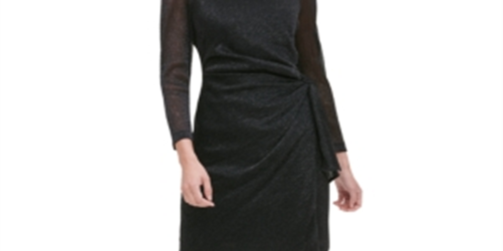 Vestido de coquetel Tommy Hilfiger feminino com cinto mesclado, manga comprida, gola joia, cinza, tamanho 4