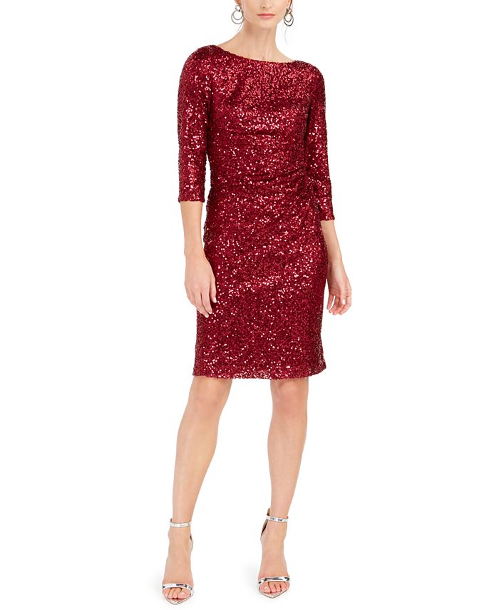 Vestido de festa feminino Jessica Howard com lantejoulas, manga comprida, decote em joia, comprimento até o joelho, vermelho, tamanho 14, pequeno