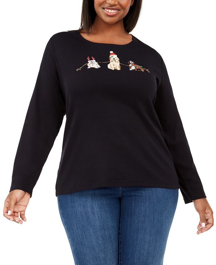 Karen Scott Plus Caroling Dog Festive Lights Top de Natal Feminino Preto Tamanho 0X