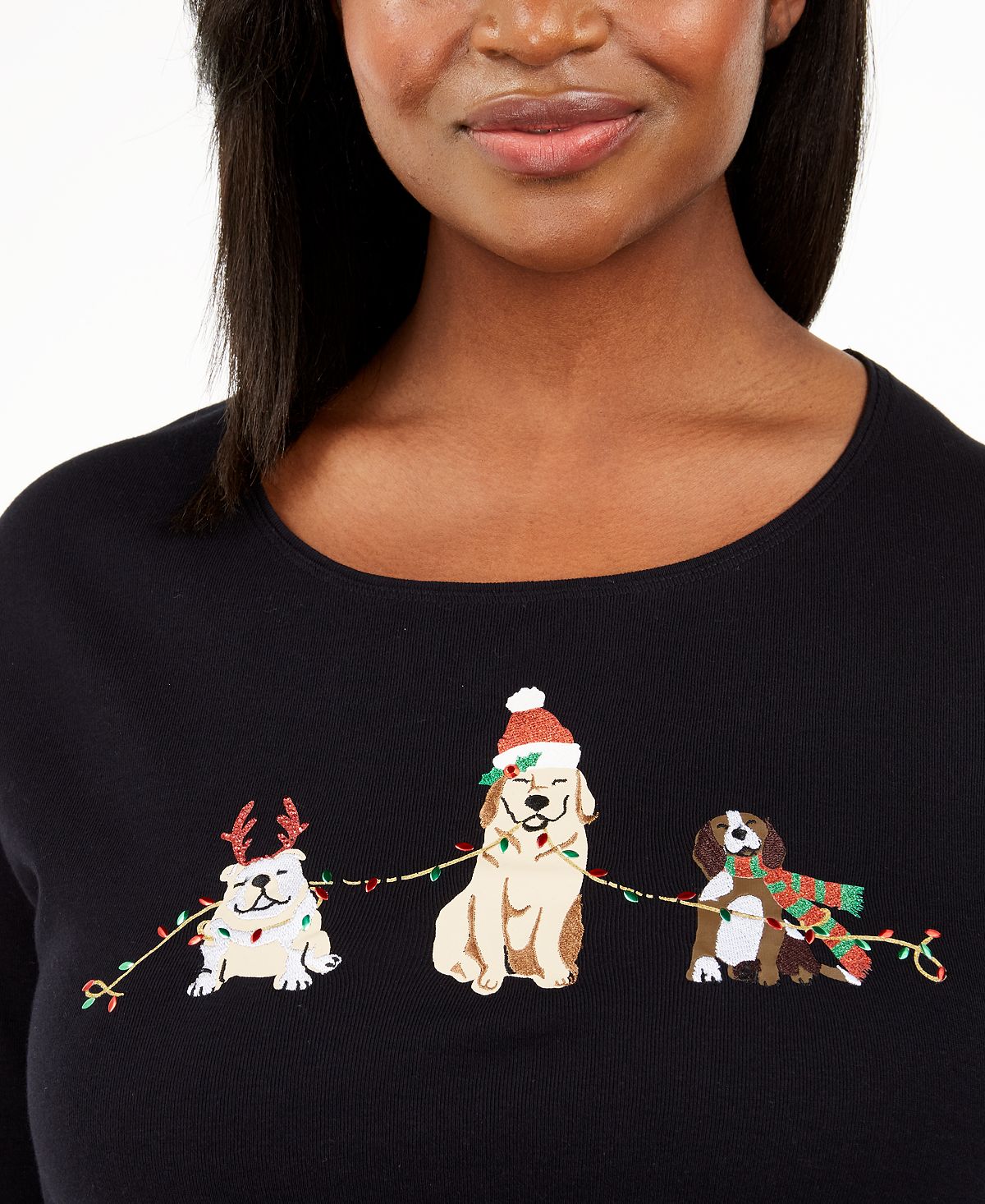 Karen Scott Plus Caroling Dog Festive Lights Top de Natal Feminino Preto Tamanho 0X