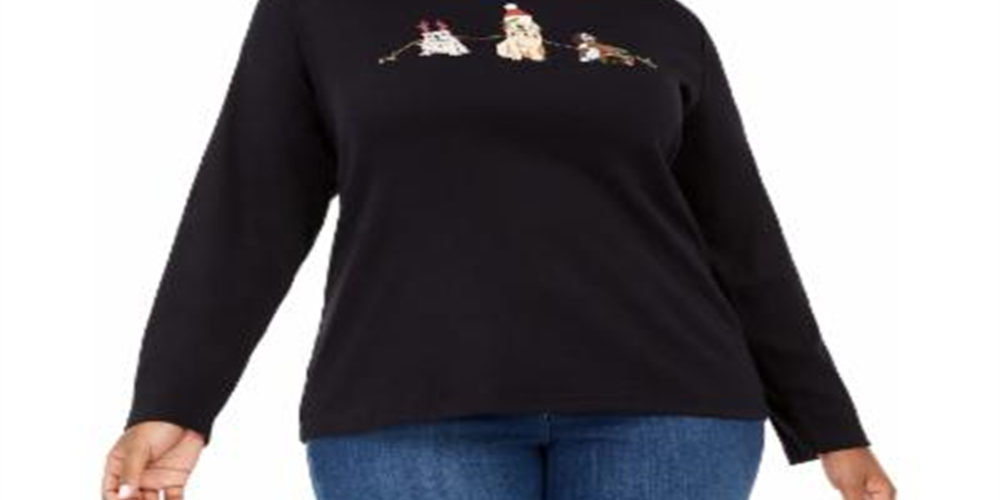 Karen Scott Plus Caroling Dog Festive Lights Top de Natal Feminino Preto Tamanho 0X