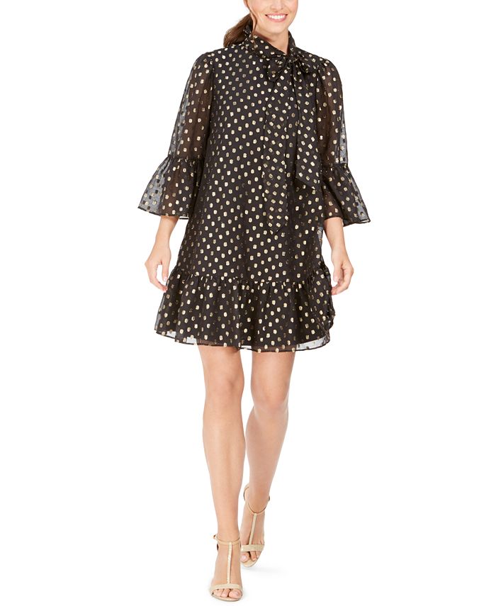 Vestido Calvin Klein Feminino com Decote Amarrado e Presilha Metálica e Bolinhas, Preto, Tamanho 6