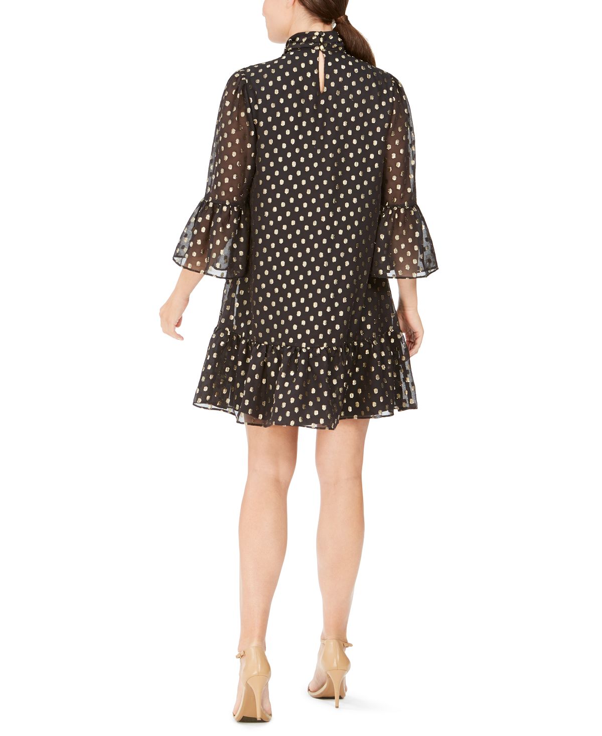 Vestido Calvin Klein Feminino com Decote Amarrado e Presilha Metálica e Bolinhas, Preto, Tamanho 6