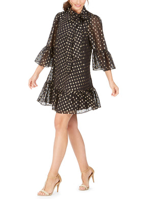 Vestido Calvin Klein Feminino com Decote Amarrado e Presilha Metálica e Bolinhas, Preto, Tamanho 6