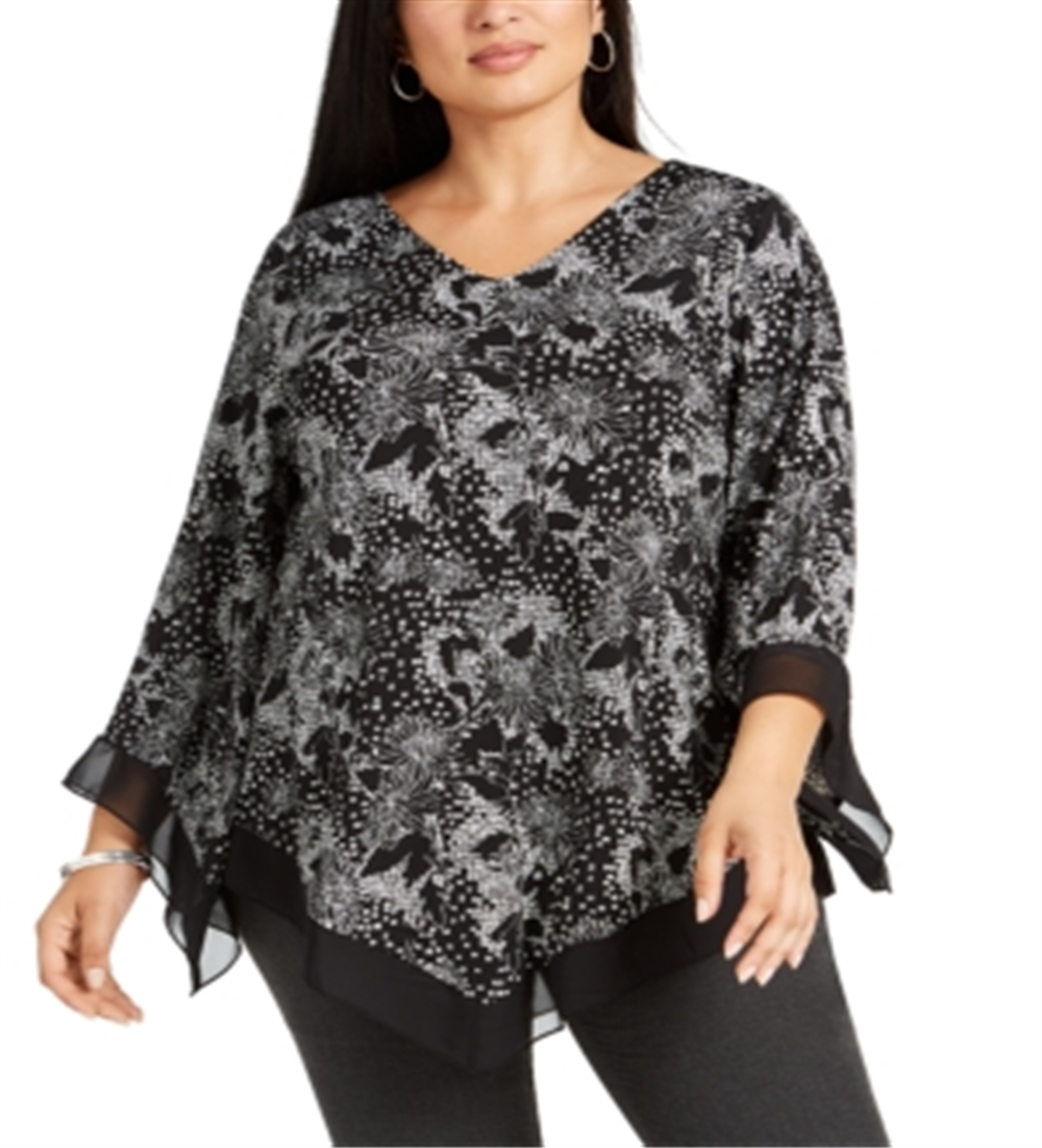 Blusa feminina Alfani Plus com bainha em V, preta, tamanho 0X