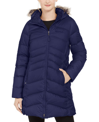 Casaco feminino Marmot Montreal com capuz e acabamento em pele sintética, azul, tamanho extragrande