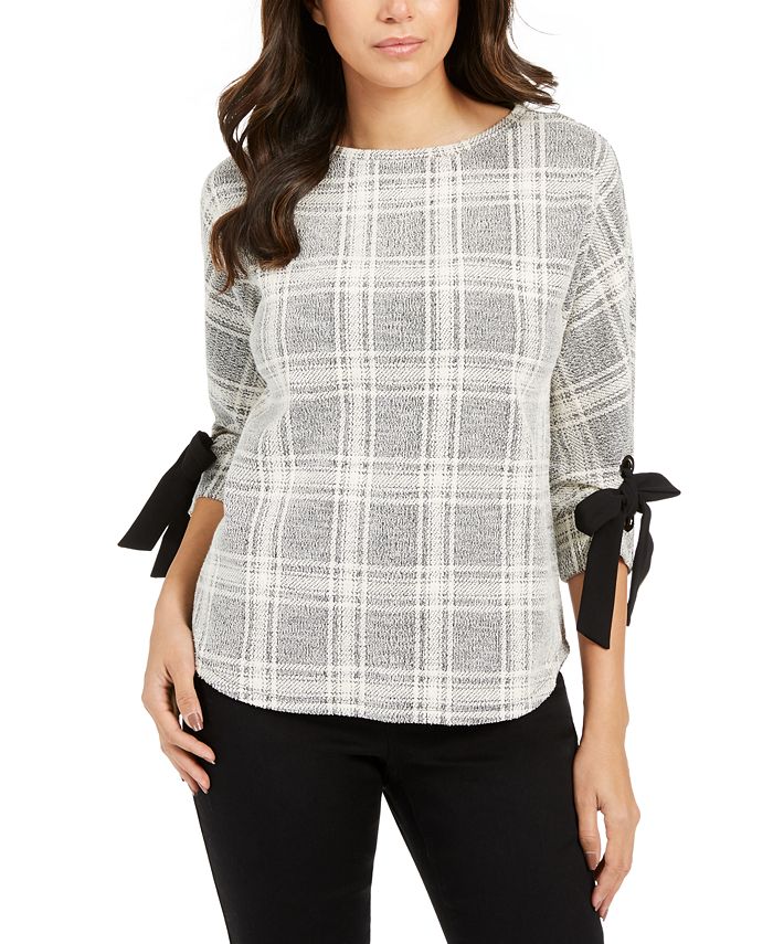 Charter Club Petite Plaid Tie-Cuff Top Preto Tamanho Petit M