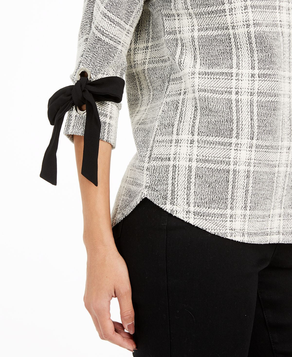 Charter Club Petite Plaid Tie-Cuff Top Preto Tamanho Petit M