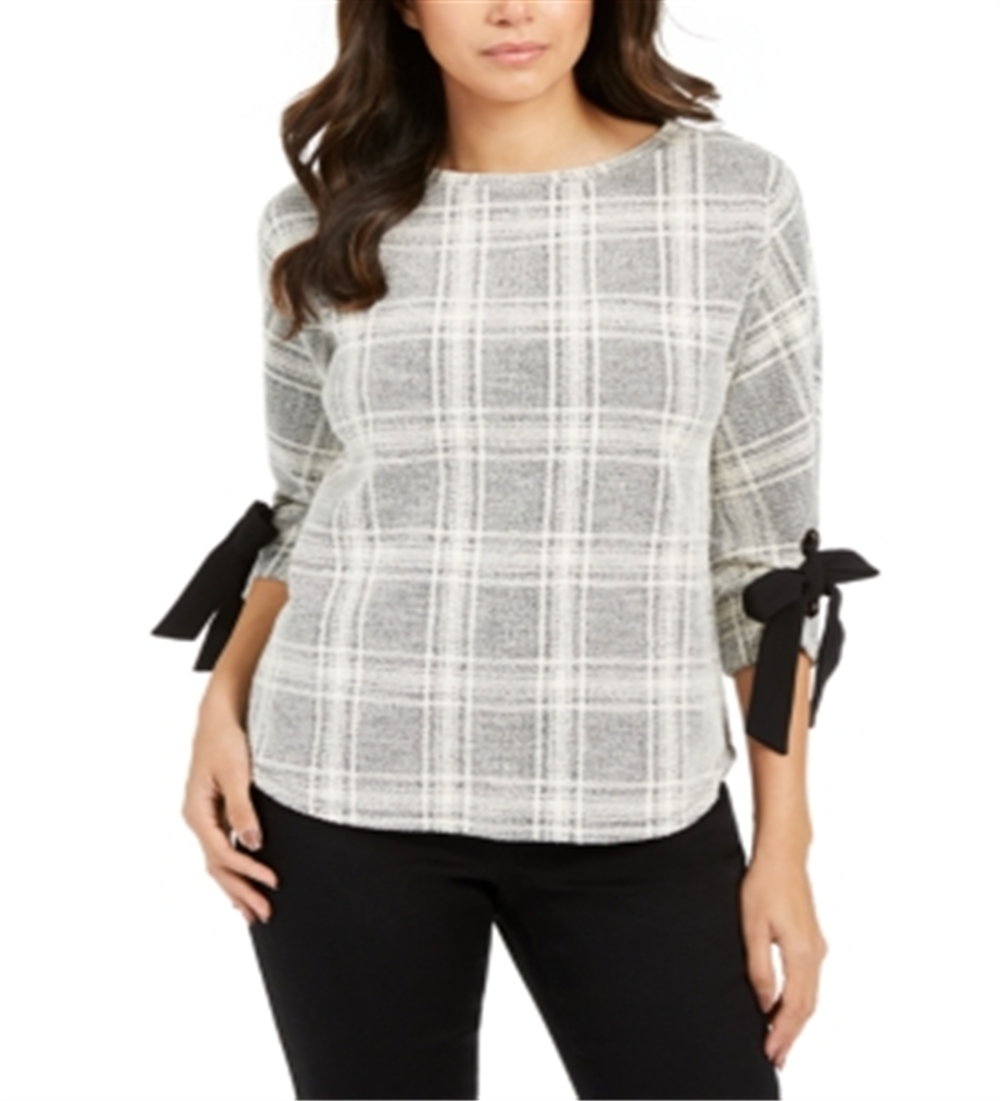Charter Club Petite Plaid Tie-Cuff Top Preto Tamanho Petit M