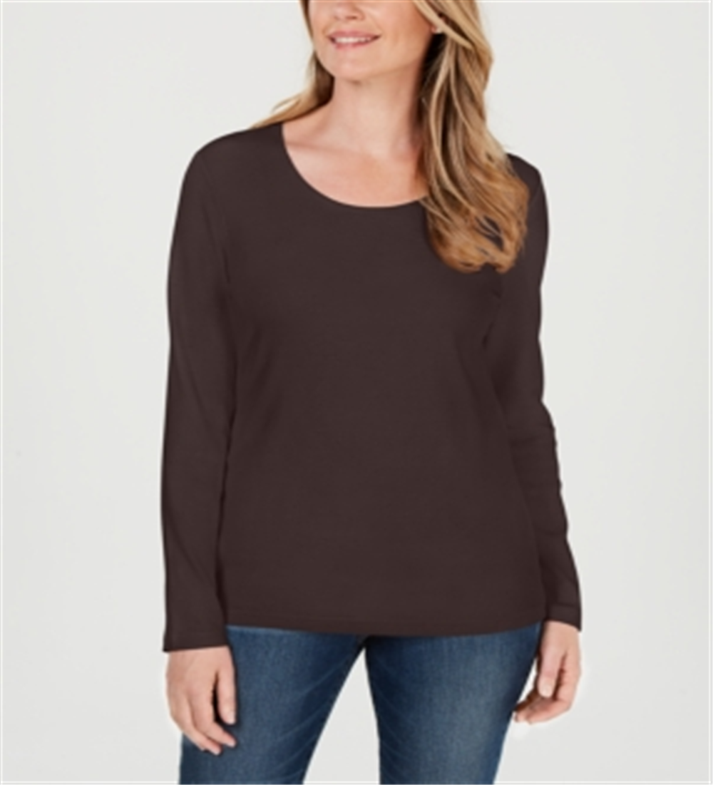Blusa feminina Karen Scott de algodão com decote redondo, marrom, tamanho pequeno e pequeno