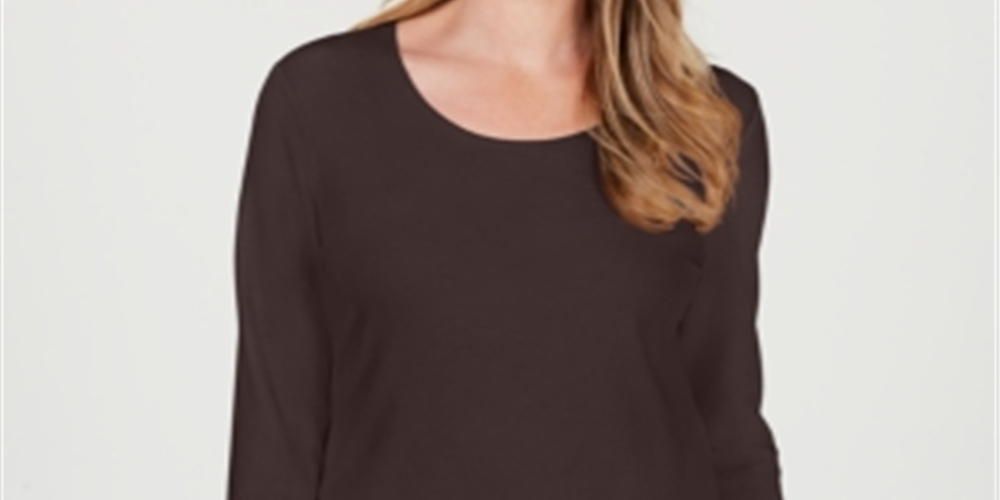 Blusa feminina Karen Scott de algodão com decote redondo, marrom, tamanho pequeno e pequeno