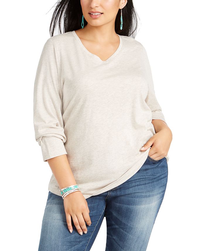 Top plus size feminino estilo &amp; co com decote em V, bege, tamanho 1X