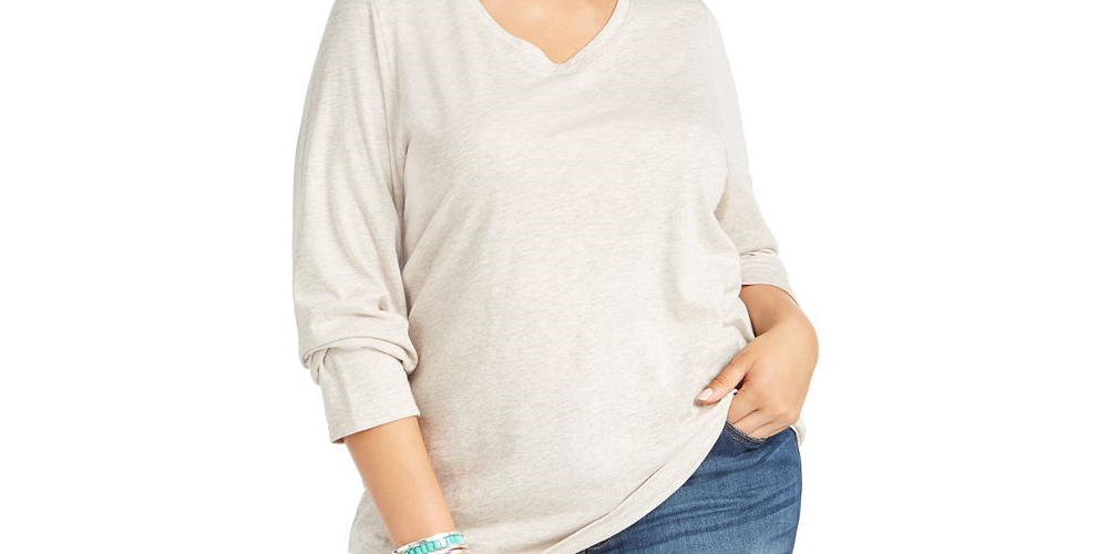 Top plus size feminino estilo &amp; co com decote em V, bege, tamanho 1X