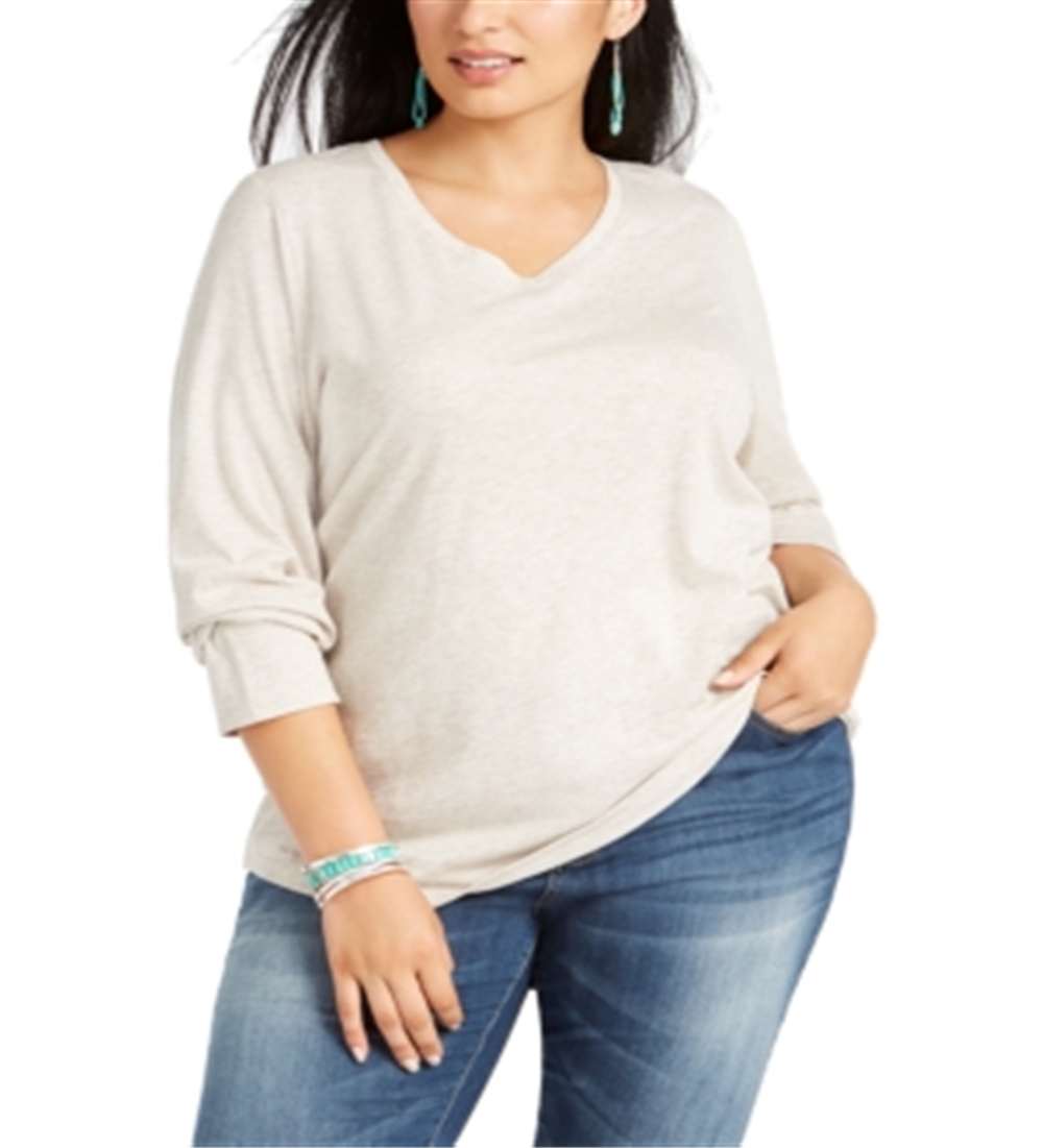 Top plus size feminino estilo &amp; co com decote em V, bege, tamanho 1X