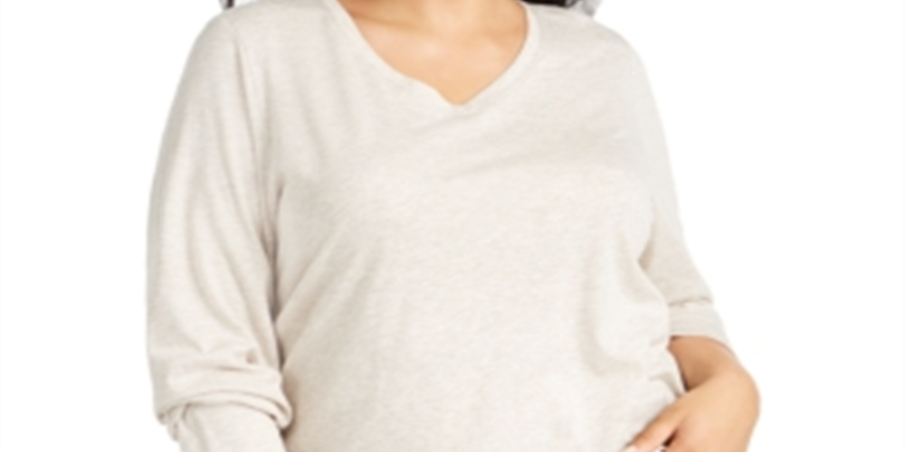 Top plus size feminino estilo &amp; co com decote em V, bege, tamanho 1X