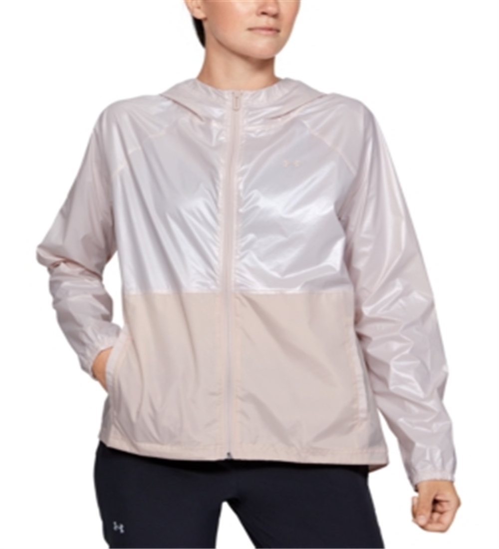 Jaquetas casuais femininas Under Armour sem jeans Apex Metallic Woven Full Zip Jacket rosa tamanho GG