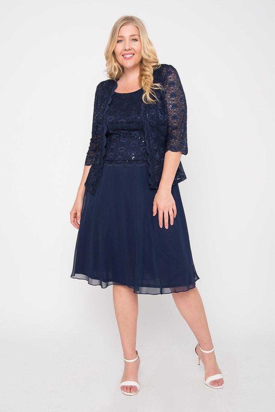 Vestido feminino R&amp;M Richards com saia transparente e jaqueta de renda, azul, tamanho 10