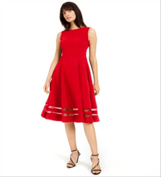 Vestido Calvin Klein Feminino Illusion Trim Fit Flare Vermelho Tamanho 14