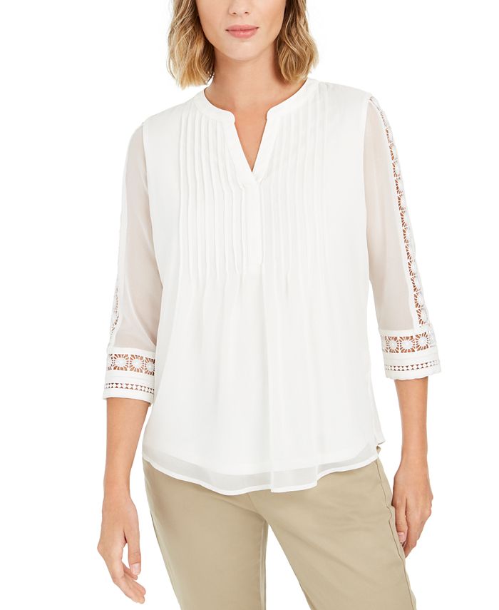 Top feminino Charter Club com manga transparente e pregas, branco, tamanho pequeno GG