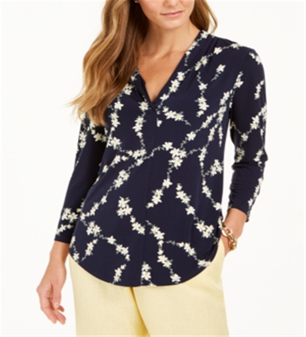 Top feminino estampado com decote em V Charter Club, azul, tamanho pequeno