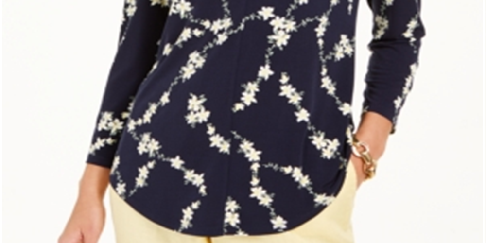 Top feminino estampado com decote em V Charter Club, azul, tamanho pequeno