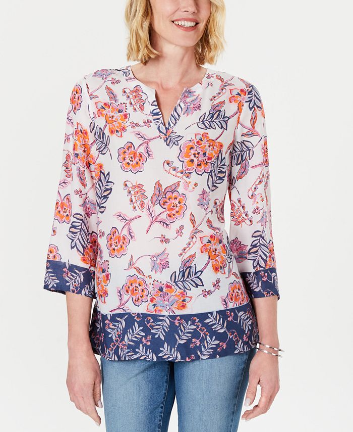 Túnica feminina Charter Club Petite com estampa floral dupla, branca, tamanho Petite M