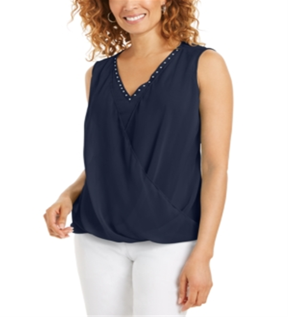 JM Collection Top drapeado sem mangas com tachas, azul, tamanho grande