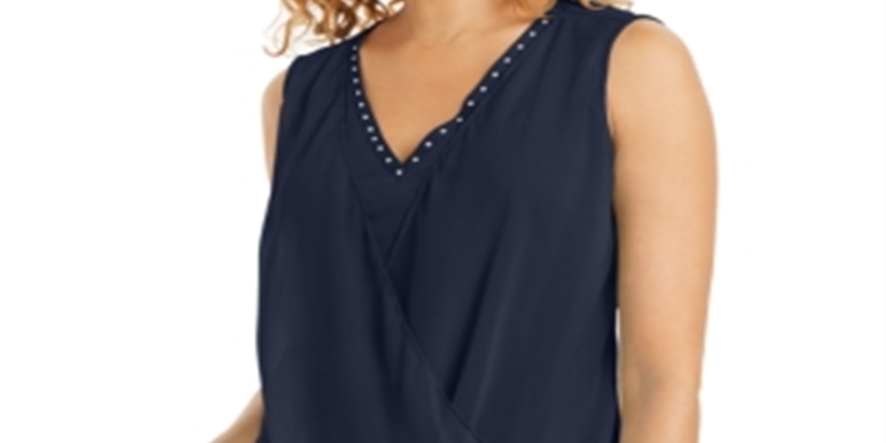 JM Collection Top drapeado sem mangas com tachas, azul, tamanho grande