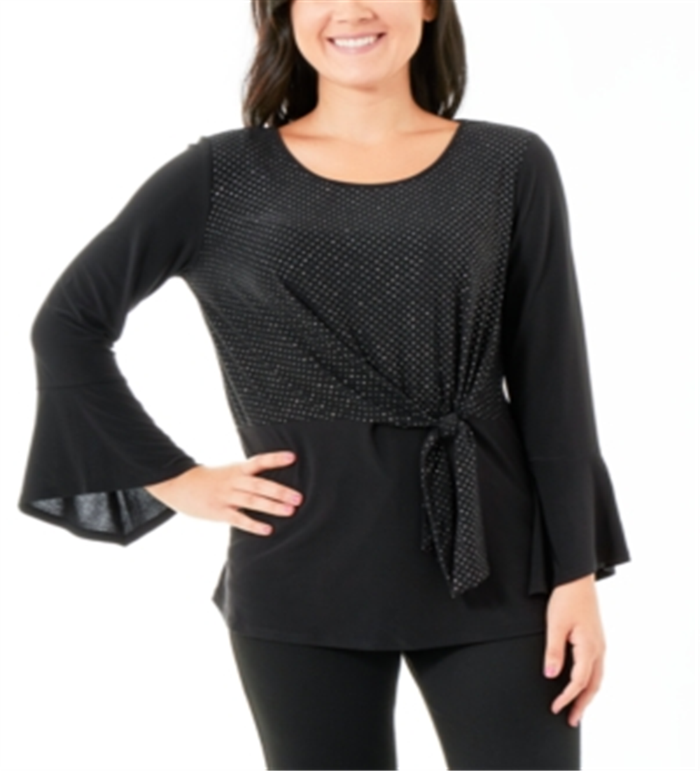 Blusa feminina NY Collection com decote redondo e manga sino, preta, tamanho pequeno