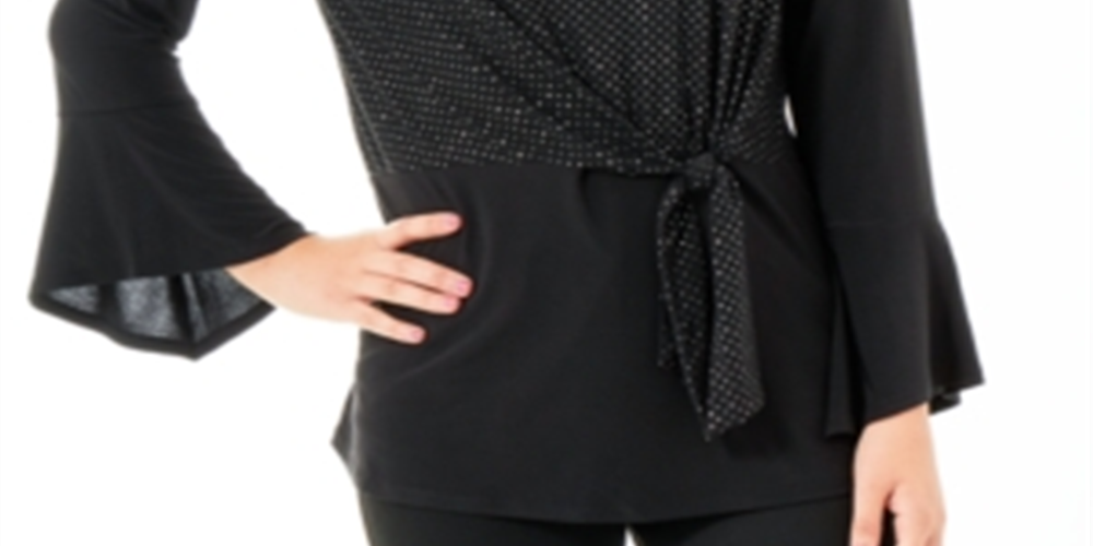 Blusa feminina NY Collection com decote redondo e manga sino, preta, tamanho pequeno