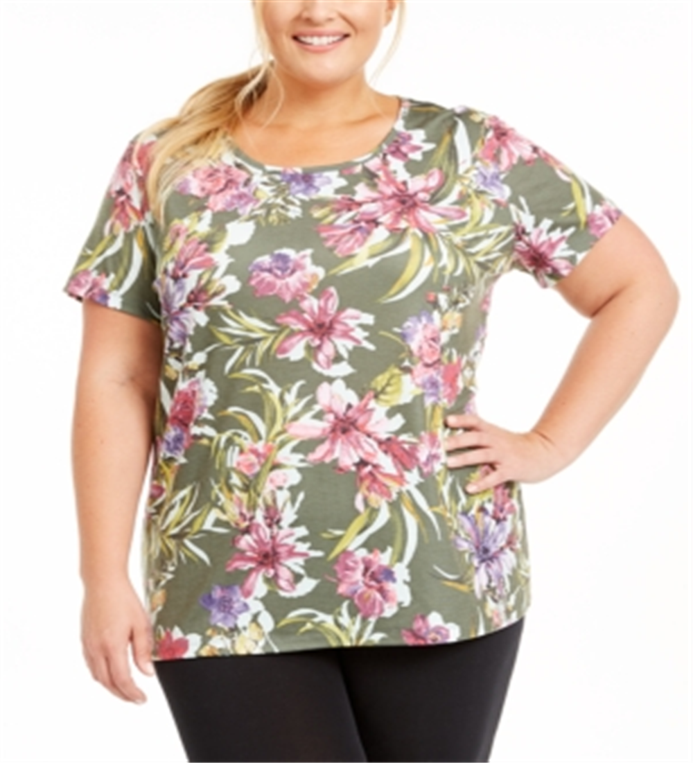 Camiseta feminina Ideology Plus com estampa floral e decote em V nas costas, tamanho 1X, verde