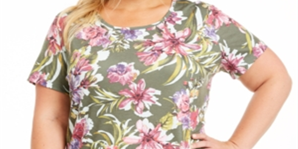 Camiseta feminina Ideology Plus com estampa floral e decote em V nas costas, tamanho 1X, verde