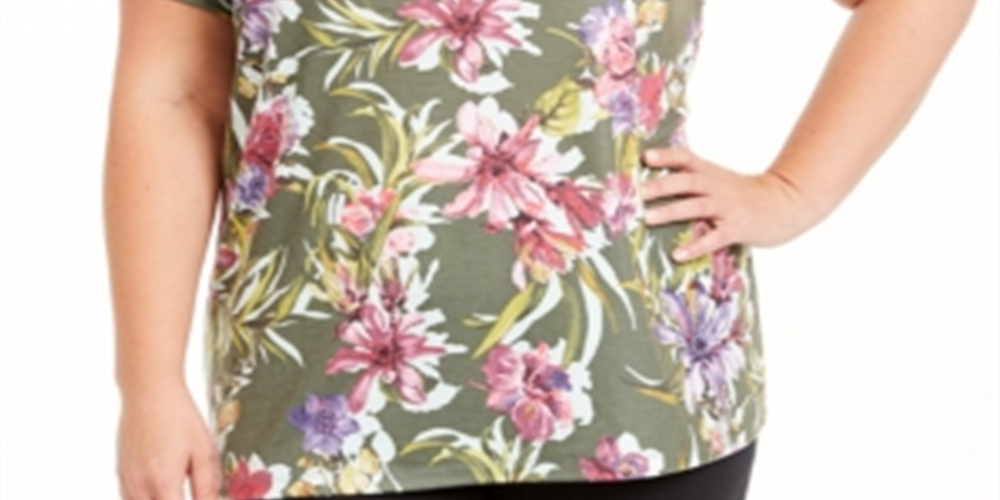 Camiseta feminina Ideology Plus com estampa floral e decote em V nas costas, tamanho 1X, verde