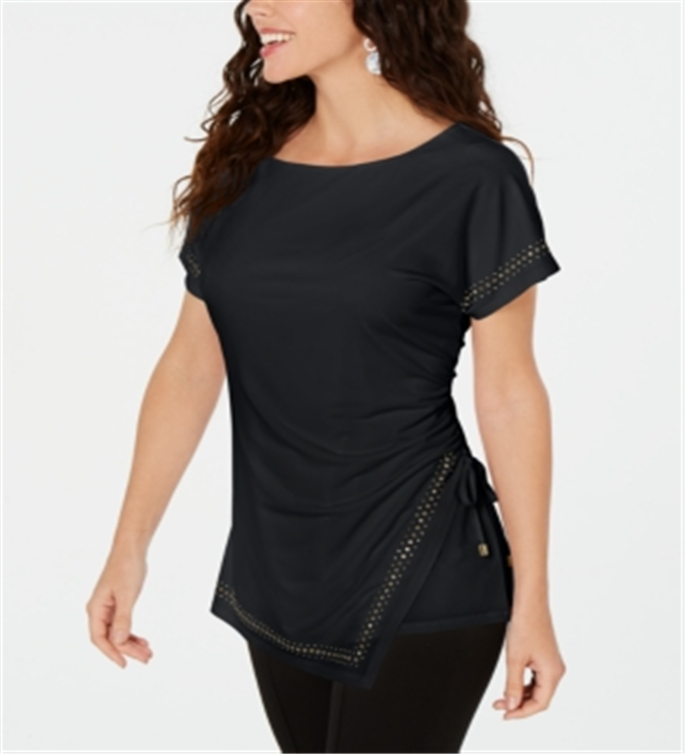 JM Collection Top feminino com babados e amarração lateral, preto, tamanho X-S