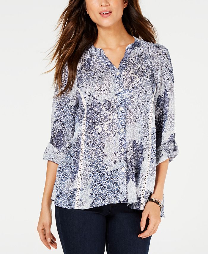 Blusa feminina estampada estilo &amp; co, de botões altos e baixos, azul, tamanho X-S