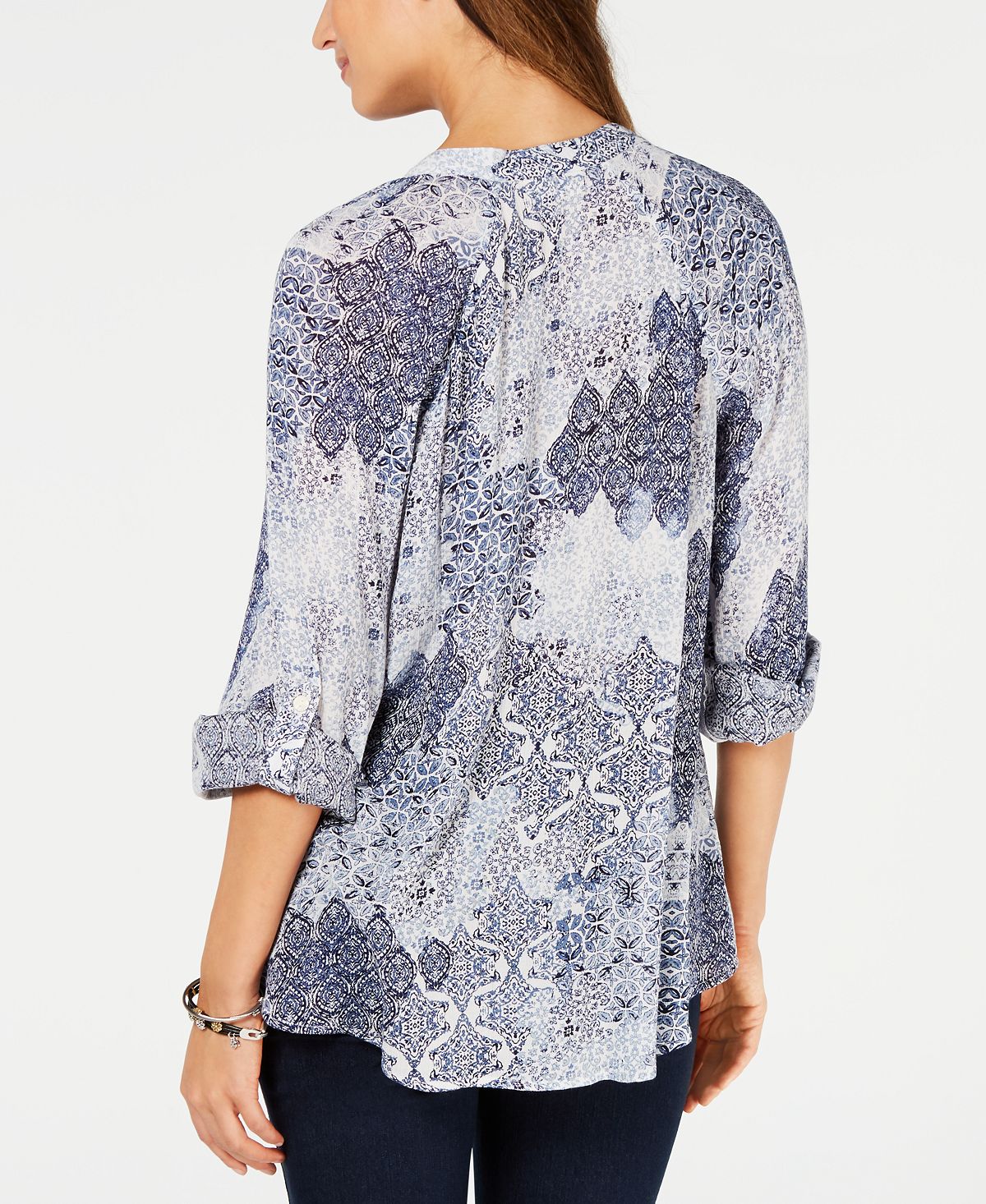 Blusa feminina estampada estilo &amp; co, de botões altos e baixos, azul, tamanho X-S